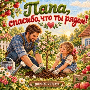 Открытка папе на день рождения «Спасибо, что ты рядом!» — сажаем яблоню с дочкой Открытка папе на день рождения «Спасибо, что ты рядом!» — сажаем яблоню с дочкой