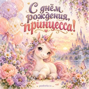 Открытка девочке «С днём рождения, принцесса!» с единорогом и замком
