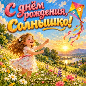 Открытка девочке «С днём рождения, солнышко!» с воздушным змеем
