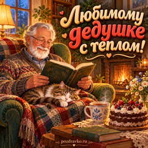 Открытка на день рождения «Любимому дедушке с теплом!» — книга, кот и домашний уют Открытка на день рождения «Любимому дедушке с теплом!» — книга, кот и домашний уют
