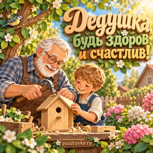 Открытка на день рождения «Дедушка, будь здоров и счастлив!» со скворечником и внуком Открытка на день рождения «Дедушка, будь здоров и счастлив!» со скворечником и внуком