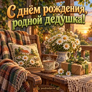 Открытка «С днём рождения, родной дедушка!» — ромашки и чай на веранде Открытка «С днём рождения, родной дедушка!» — ромашки и чай на веранде