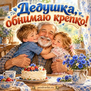 Открытка на день рождения «Дедушка, обнимаю крепко!» с внуками и праздничным тортом Открытка на день рождения «Дедушка, обнимаю крепко!» с внуками и праздничным тортом