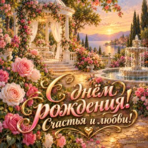 Открытка с днём рождения женщине: белая беседка в розовом саду