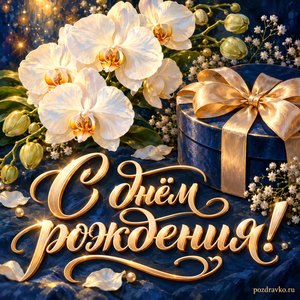 Открытка с днём рождения женщине: белая орхидея и синий подарок