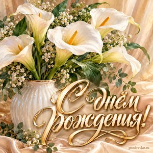 Открытка с днём рождения женщине: белые каллы и мягкий бежевый шёлк