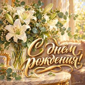 Открытка с днём рождения женщине: белые лилии и эвкалипт в вазе