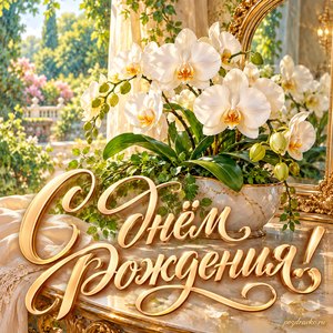Открытка с днём рождения женщине: белые орхидеи и солнечный сад