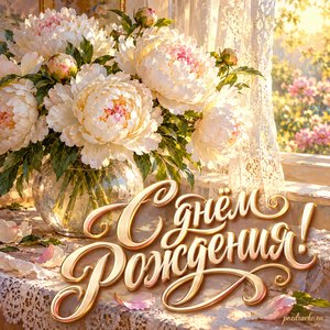 Открытка с днём рождения женщине: белые пионы у кружевного окна Открытка с днём рождения женщине: белые пионы у кружевного окна