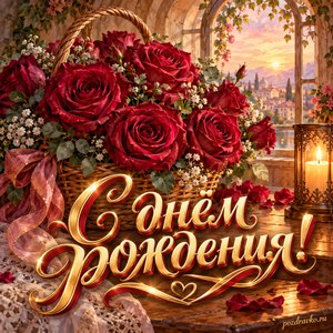 Открытка с днём рождения женщине: бордовые розы и свеча у арочного окна Открытка с днём рождения женщине: бордовые розы и свеча у арочного окна