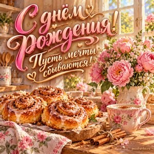 Открытка с днём рождения женщине: булочки с корицей и розы у окна