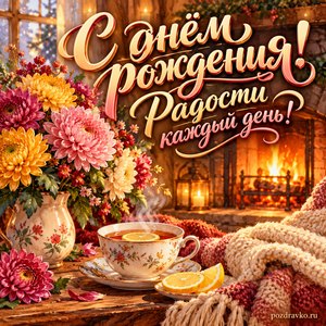 Открытка с днём рождения женщине: чай с лимоном и цветы у камина