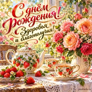 Открытка с днём рождения женщине: чайный сервиз с клубникой и розами