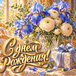 Открытка с днём рождения женщине: голубые ирисы и подарок с лентой