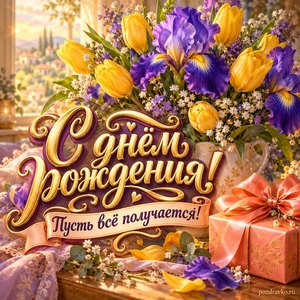 Открытка с днём рождения женщине: ирисы, тюльпаны и щенок у подарка