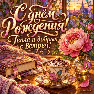 Открытка с днём рождения женщине: книга, горячий шоколад и розовый пион