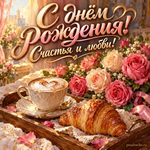Открытка с днём рождения женщине: кофе, розы и круассан на подносе