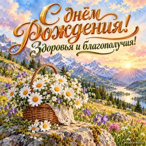 Открытка с днём рождения женщине: корзина ромашек в горной долине