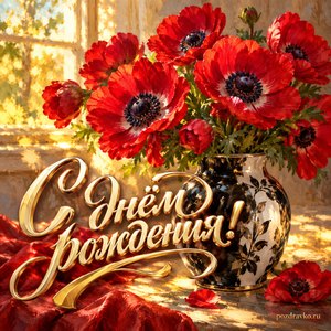 Открытка с днём рождения женщине: красные анемоны в узорчатой вазе