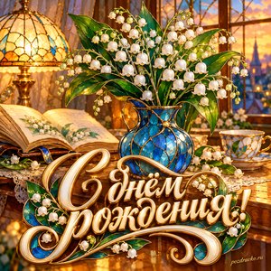 Открытка с днём рождения женщине: ландыши и книга у тёплого светильника