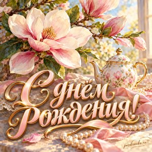 Открытка с днём рождения женщине: магнолия, фарфоровая чашка и жемчуг