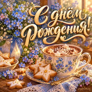 Открытка с днём рождения женщине: незабудки, какао и звёздное печенье Открытка с днём рождения женщине: незабудки, какао и звёздное печенье