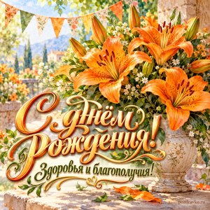 Открытка с днём рождения женщине: оранжевые лилии на садовом столе
