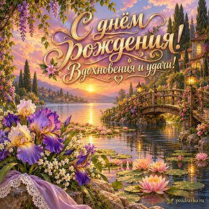 Открытка с днём рождения женщине: озеро с кувшинками и садовый мостик Открытка с днём рождения женщине: озеро с кувшинками и садовый мостик
