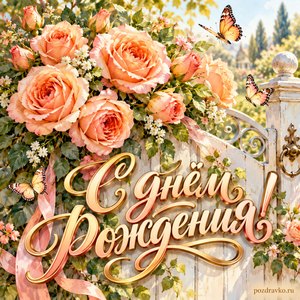Открытка с днём рождения женщине: персиковые розы на белой калитке Открытка с днём рождения женщине: персиковые розы на белой калитке
