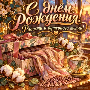 Открытка с днём рождения женщине: подарок с шарфом, кофе и хлопок