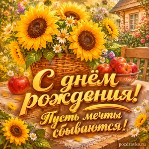 Открытка с днём рождения женщине: подсолнухи и красные яблоки в саду