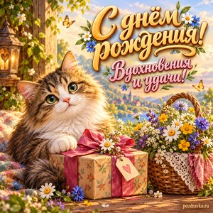 Открытка с днём рождения женщине: пушистый кот и подарок с цветами