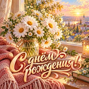Открытка с днём рождения женщине: ромашки и мягкий плед у окна