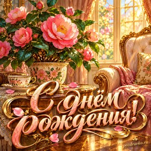 Открытка с днём рождения женщине: розовая камелия у уютного кресла Открытка с днём рождения женщине: розовая камелия у уютного кресла