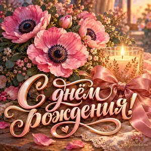 Открытка с днём рождения женщине: розовые анемоны и свеча Открытка с днём рождения женщине: розовые анемоны и свеча