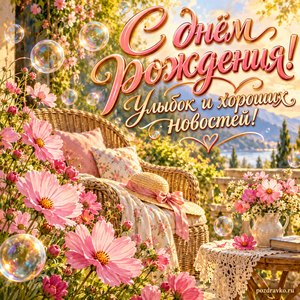 Открытка с днём рождения женщине: розовые космеи и плетёное кресло