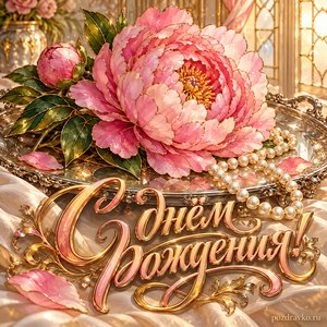 Открытка с днём рождения женщине: розовый пион на серебристом подносе