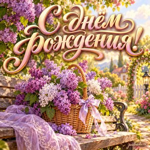 Открытка с днём рождения женщине: сирень в корзинке на садовой скамейке