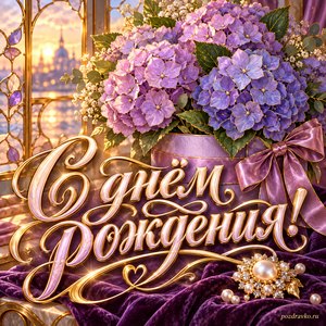 Открытка с днём рождения женщине: сиреневые гортензии и жемчужная брошь