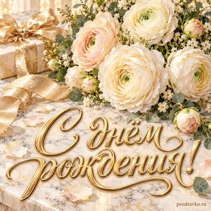 Открытка с днём рождения женщине: светлый букет на мраморном столе