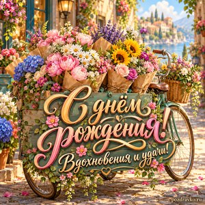 Открытка с днём рождения женщине: цветочный велосипед на солнечной улице
