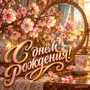 Открытка с днём рождения женщине: цветущая ветка и круглое зеркало