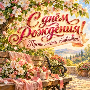 Открытка с днём рождения женщине: цветущие яблони и солнечная скамейка