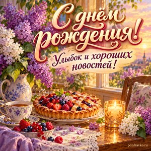 Открытка с днём рождения женщине: ягодный пирог, сирень и свеча