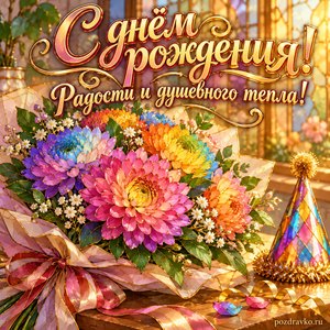 Открытка с днём рождения женщине: яркий букет и праздничный колпачок