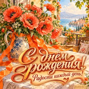 Открытка с днём рождения женщине: яркий букет у открытого окна