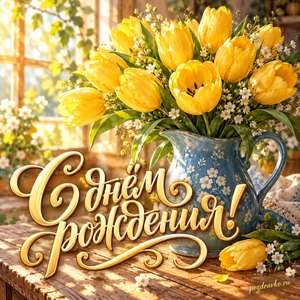 Открытка с днём рождения женщине: жёлтые тюльпаны в голубом кувшине