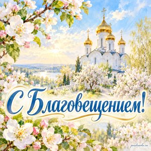 Благовещение Пресвятой Богородицы — открытка «С Благовещением!» с белым храмом среди цветущих яблонь