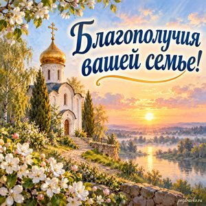 День апостола Иоанна Богослова — открытка «Благополучия вашей семье!» с небольшим храмом в рассветном свете