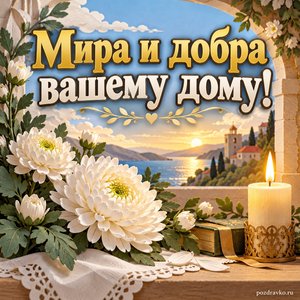 День апостола Иоанна Богослова — открытка «Мира и добра вашему дому!» с горящей свечой и веточкой белых хризантем
